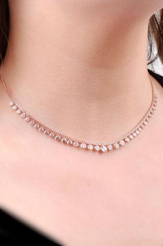 Choker Rose Gümüş Sıra Taşlı Tasarım Kolye 6470