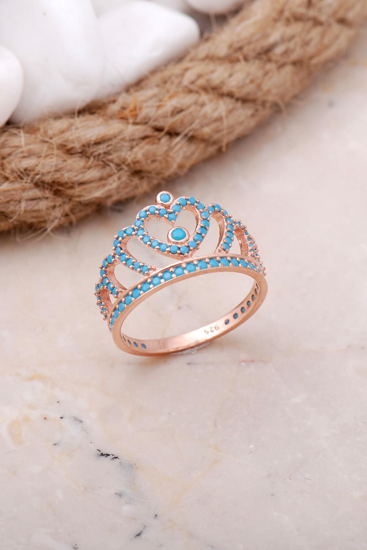 Turkuaz Taşlı Rose Gümüş Taç Yüzük 3389