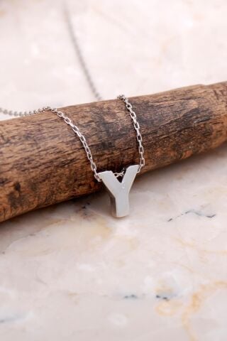 Y Harfi Rodyumlu Gümüş Kolye 7916