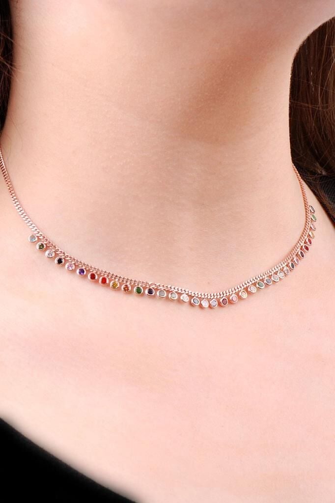 Choker Rose Gümüş Mix Sıra Taşlı Tasarım Kolye 6471