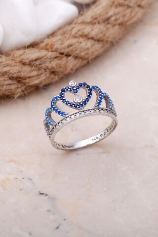 Turkuaz ve Safir Taşlı Rodyumlu Gümüş Taç Yüzük 3390