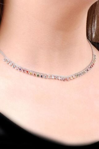 Choker Mix Sıra Taşlı Tasarım Gümüş Kolye 6474
