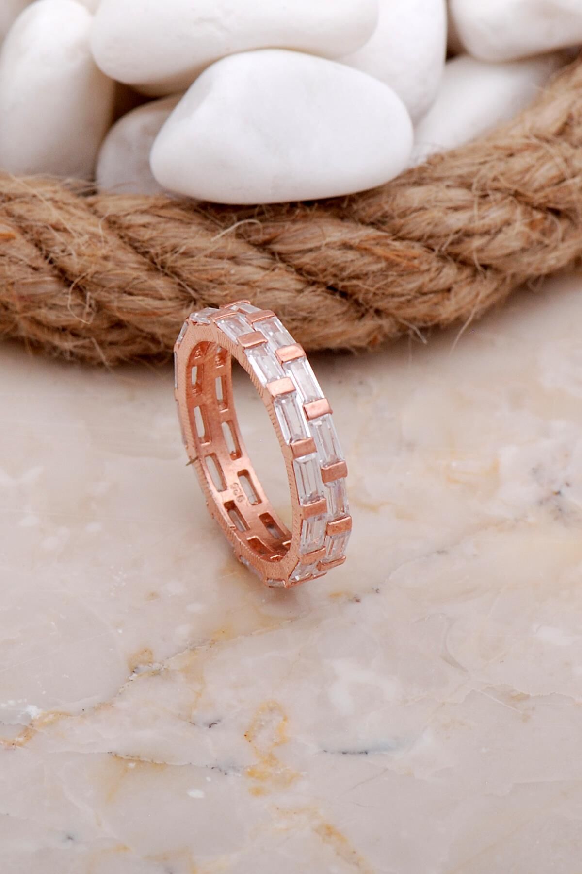 İki Sıra Baget Tamtur Rose Gümüş Yüzük 3535