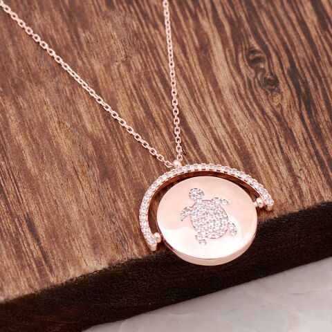Kaplumbağa Tasarımlı Mineli Çift Yönlü Rose Gümüş Kolye 3975