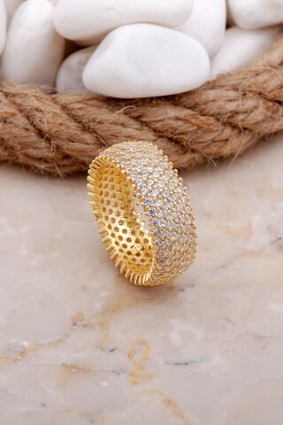 Tamtur Beş Sıra Altın Yaldızlı Gümüş Yüzük 3536