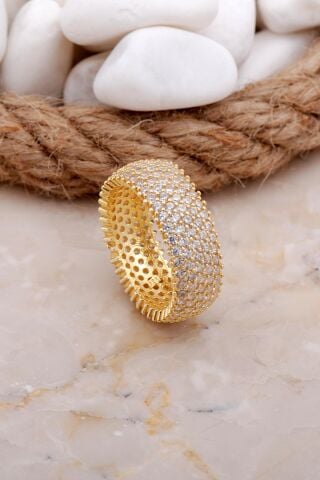 Tamtur Beş Sıra Altın Yaldızlı Gümüş Yüzük 3536