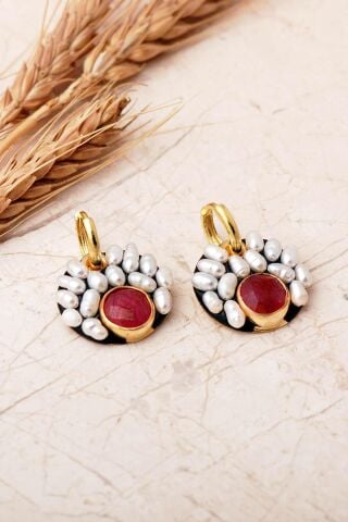 4 Farklı Doğal Taş Seçenekli Altın Yaldızlı İncili 925 Ayar Gümüş Halka Küpe 7413