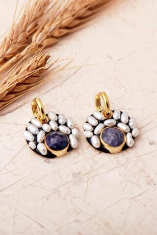 4 Farklı Doğal Taş Seçenekli Altın Yaldızlı İncili 925 Ayar Gümüş Halka Küpe 7413