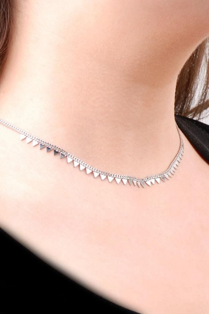 Choker Üçgen Pullu Tasarım Gümüş Kolye 6476