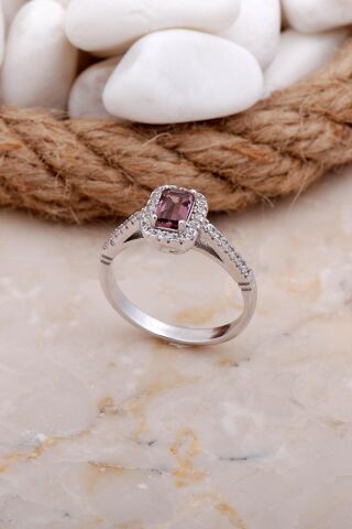 Ametist Taşlı Baget Rodyumlu Gümüş Yüzük 3538