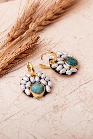 4 Farklı Doğal Taş Seçenekli Altın Yaldızlı İncili 925 Ayar Gümüş Halka Küpe 7413 Kök Zümrüt Taşı (Yeşil)