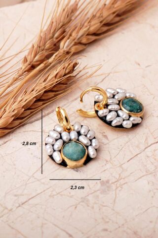 4 Farklı Doğal Taş Seçenekli Altın Yaldızlı İncili 925 Ayar Gümüş Halka Küpe 7413 Kök Zümrüt Taşı (Yeşil)