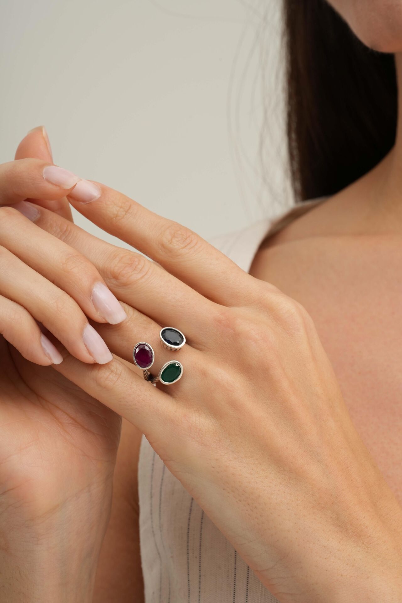 Renkli Taşlı El Sarması Üç Başlı Gümüş Yüzük 5945