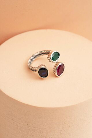 Renkli Taşlı El Sarması Üç Başlı Gümüş Yüzük 5945