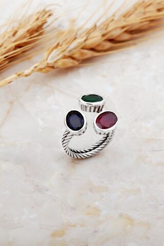 Renkli Taşlı El Sarması Üç Başlı Gümüş Yüzük 5945