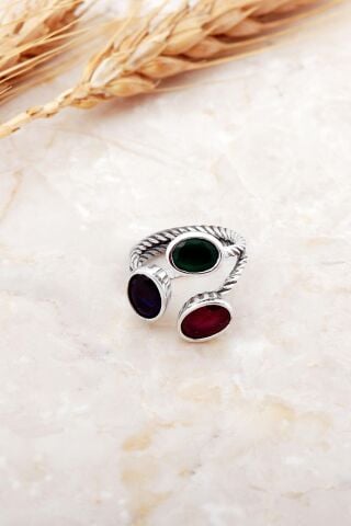 Renkli Taşlı El Sarması Üç Başlı Gümüş Yüzük 5945