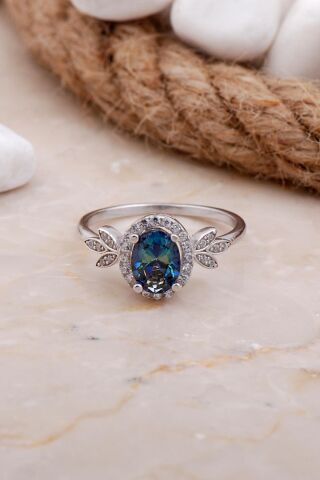 Mistik Topaz Taşlı Yaprak Rodyumlu Gümüş Yüzük 3542