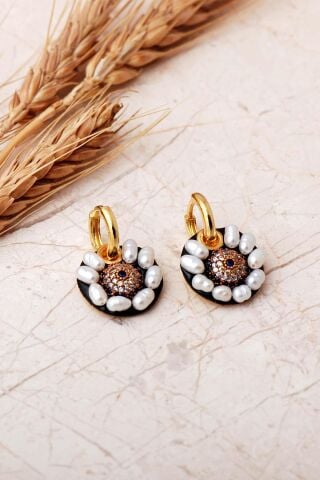 Safir, Topaz ve İncili Nazar Formlu 925 Ayar Gümüş Halka Küpe 7414