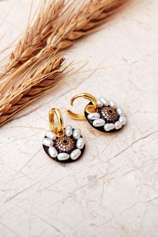 Safir, Topaz ve İncili Nazar Formlu 925 Ayar Gümüş Halka Küpe 7414