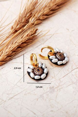 Nazar Boncuklu İncili Altın Yaldızlı 925 Ayar Gümüş Halka Küpe 7414