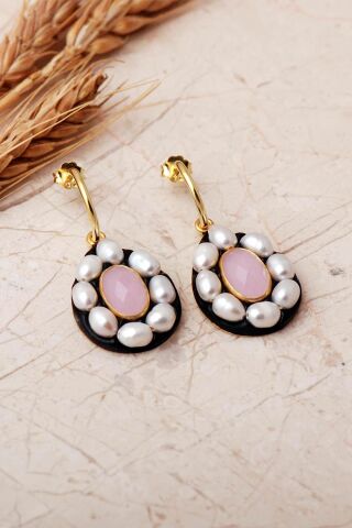 3 Farklı Doğal Taş Seçenekli Altın Yaldızlı İncili 925 Ayar Gümüş Damla Küpe 7415