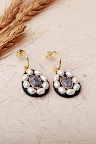 3 Farklı Doğal Taş Seçenekli Altın Yaldızlı İncili 925 Ayar Gümüş Damla Küpe 7415