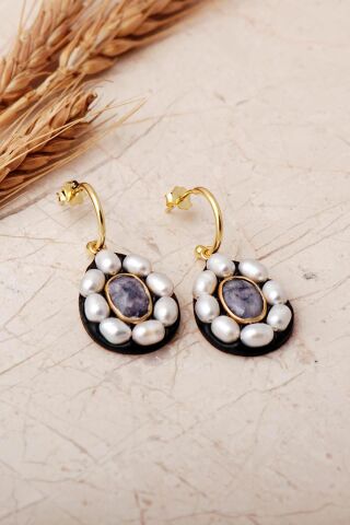 3 Farklı Doğal Taş Seçenekli Altın Yaldızlı İncili 925 Ayar Gümüş Damla Küpe 7415