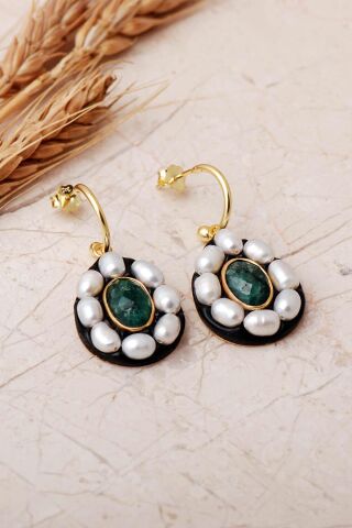 3 Farklı Doğal Taş Seçenekli Altın Yaldızlı İncili 925 Ayar Gümüş Damla Küpe 7415