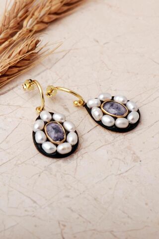 3 Farklı Doğal Taş Seçenekli Altın Yaldızlı İncili 925 Ayar Gümüş Damla Küpe 7415