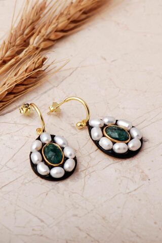 3 Farklı Doğal Taş Seçenekli Altın Yaldızlı İncili 925 Ayar Gümüş Damla Küpe 7415