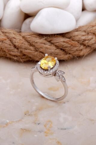 Topaz Taşlı Yaprak Rodyumlu Gümüş Yüzük 3543