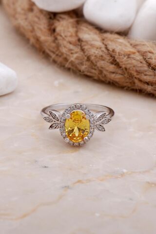 Topaz Taşlı Yaprak Rodyumlu Gümüş Yüzük 3543