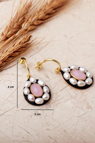 3 Farklı Doğal Taş Seçenekli Altın Yaldızlı İncili 925 Ayar Gümüş Damla Küpe 7415 Pembe Kuvars Taşı (Pembe)
