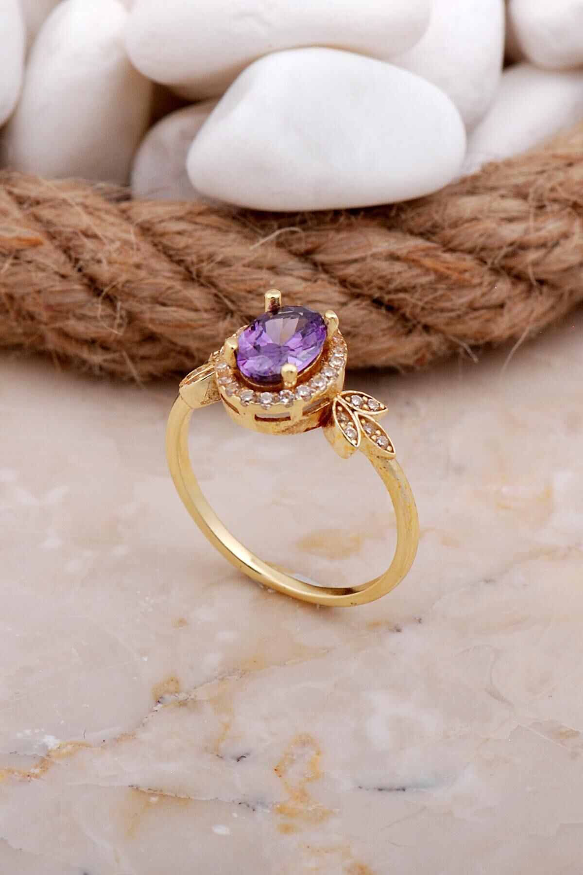 Ametist Taşlı Yaprak Altın Yaldızlı Gümüş Yüzük 3544