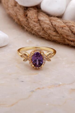 Ametist Taşlı Yaprak Altın Yaldızlı Gümüş Yüzük 3544