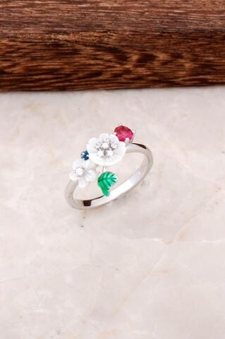 Mineli Çiçek Tasarımlı Gümüş Yüzük 2847