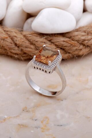 Renk Değiştiren Sultan Taşlı Baget Rodyumlu Gümüş Yüzük 3545