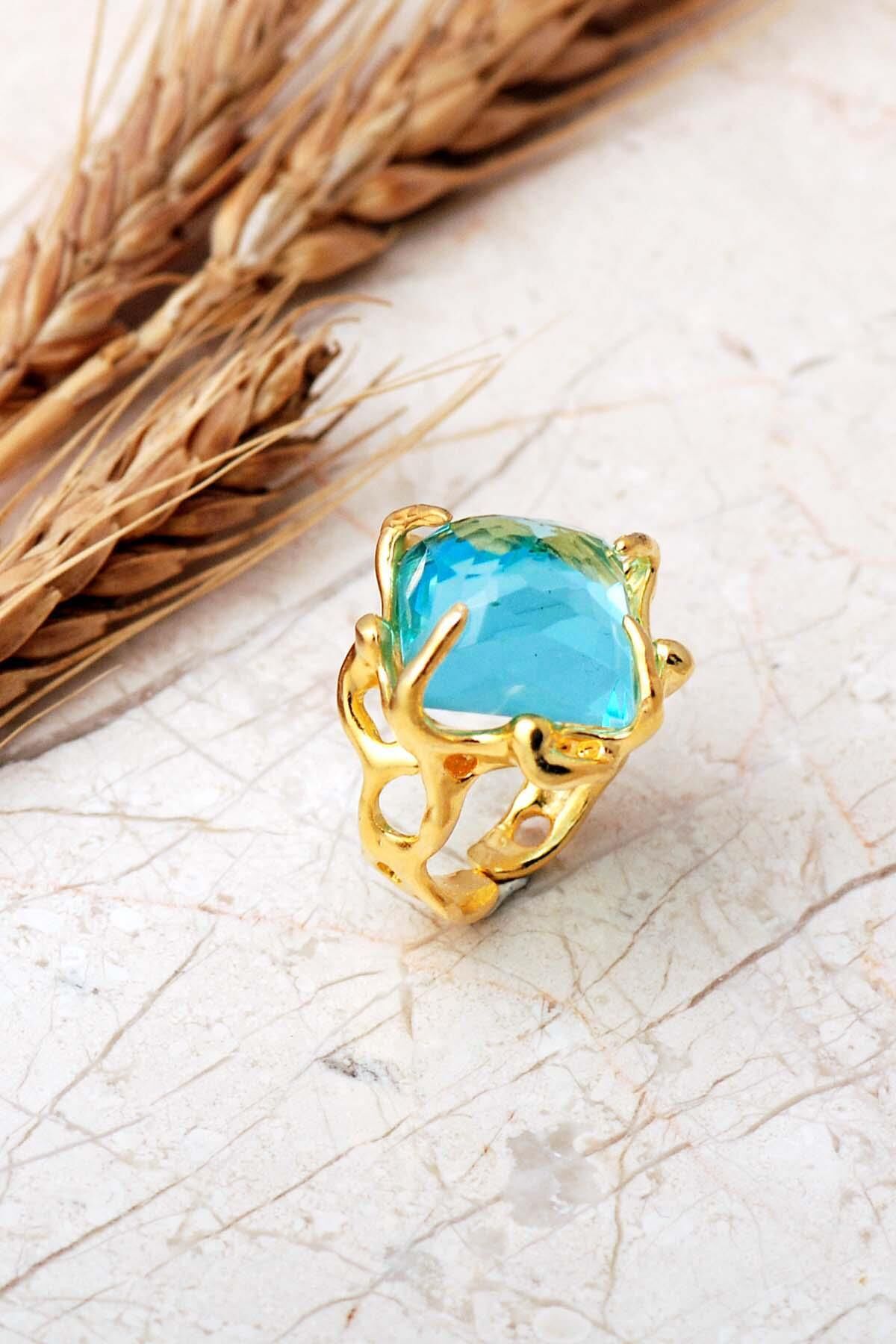 6 Farklı Doğal Taş Seçenekli Altın Yaldızlı 925 Ayar Gümüş Ayarlanabilir Yüzük 6012