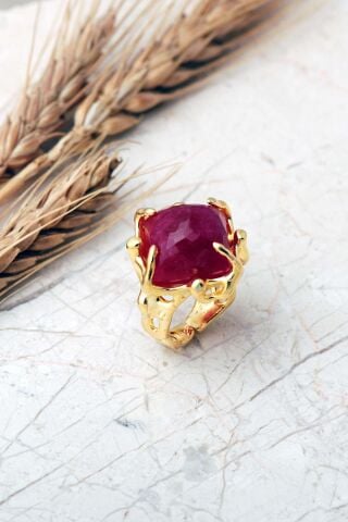 6 Farklı Doğal Taş Seçenekli Altın Yaldızlı 925 Ayar Gümüş Ayarlanabilir Yüzük 6012