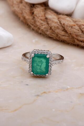 Paraiba Taşlı Baget Rodyumlu Gümüş Yüzük 3547