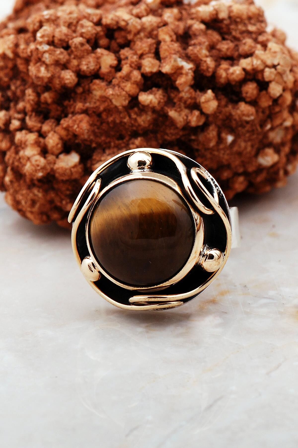 Kaplan Gözü Taşlı Elişi Gümüş Yüzük 3207