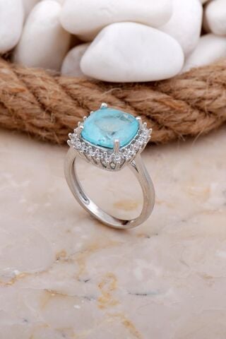 Paraiba Taşlı Rodyumlu Gümüş Yüzük 3549