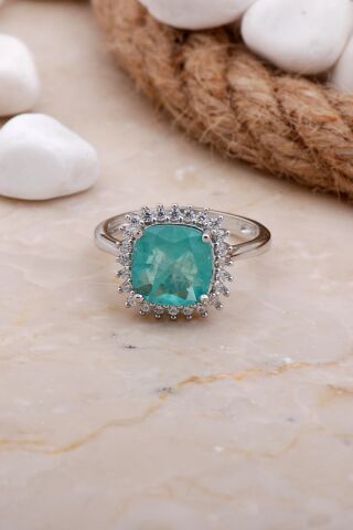 Paraiba Taşlı Yeşil Rodyumlu Gümüş Yüzük 3550
