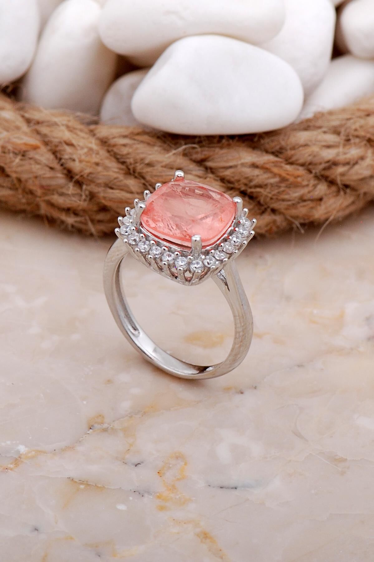 Paraiba Taşlı Pembe Rodyumlu Gümüş Yüzük 3551