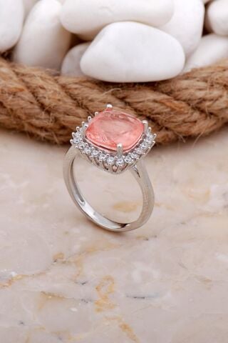 Paraiba Taşlı Pembe Rodyumlu Gümüş Yüzük 3551
