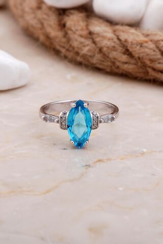 Akuamarin Taşlı Mekik Rodyumlu Gümüş Yüzük 3552