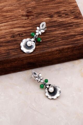 Tasarım İnci Taşlı Çiçekli Gümüş Küpe 4782