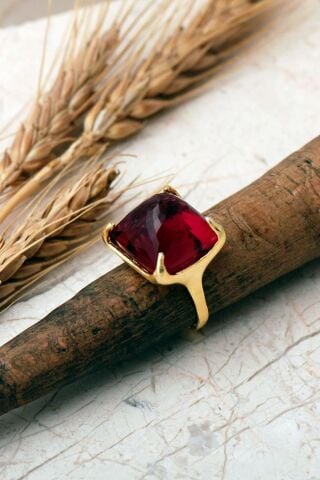 5 Farklı Doğal Taş Seçenekli Altın Yaldızlı Kare 925 Ayar Gümüş Ayarlanabilir Yüzük 6013