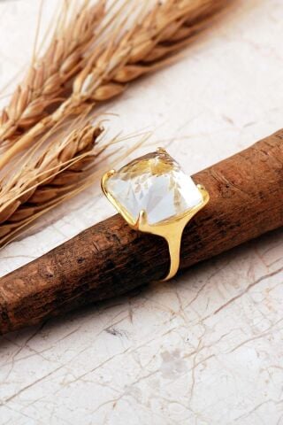 5 Farklı Doğal Taş Seçenekli Altın Yaldızlı Kare 925 Ayar Gümüş Ayarlanabilir Yüzük 6013