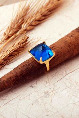 5 Farklı Doğal Taş Seçenekli Altın Yaldızlı Kare 925 Ayar Gümüş Ayarlanabilir Yüzük 6013